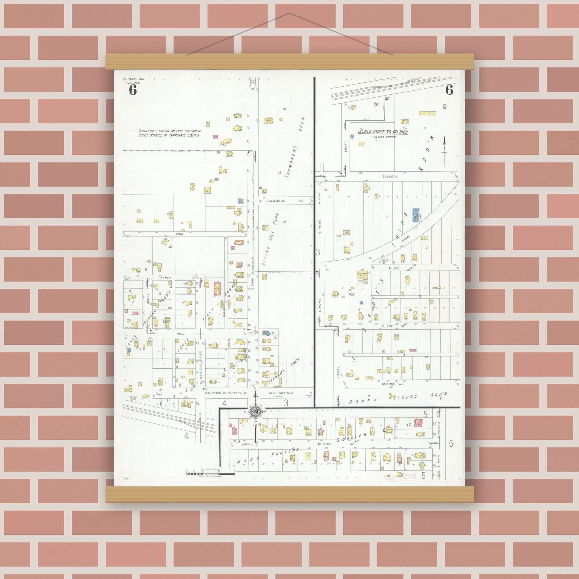 Old map wall art mockup — magnetic wood frame on brick wall — Sanborn Fire Insurance Map from Eureka, Woodford County, Illinois (1941), Sheet #0006