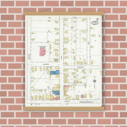 Old map wall art mockup — magnetic wood frame on brick wall — Sanborn Fire Insurance Map from Lynn, Randolph County, Indiana (1920), Sheet #0003