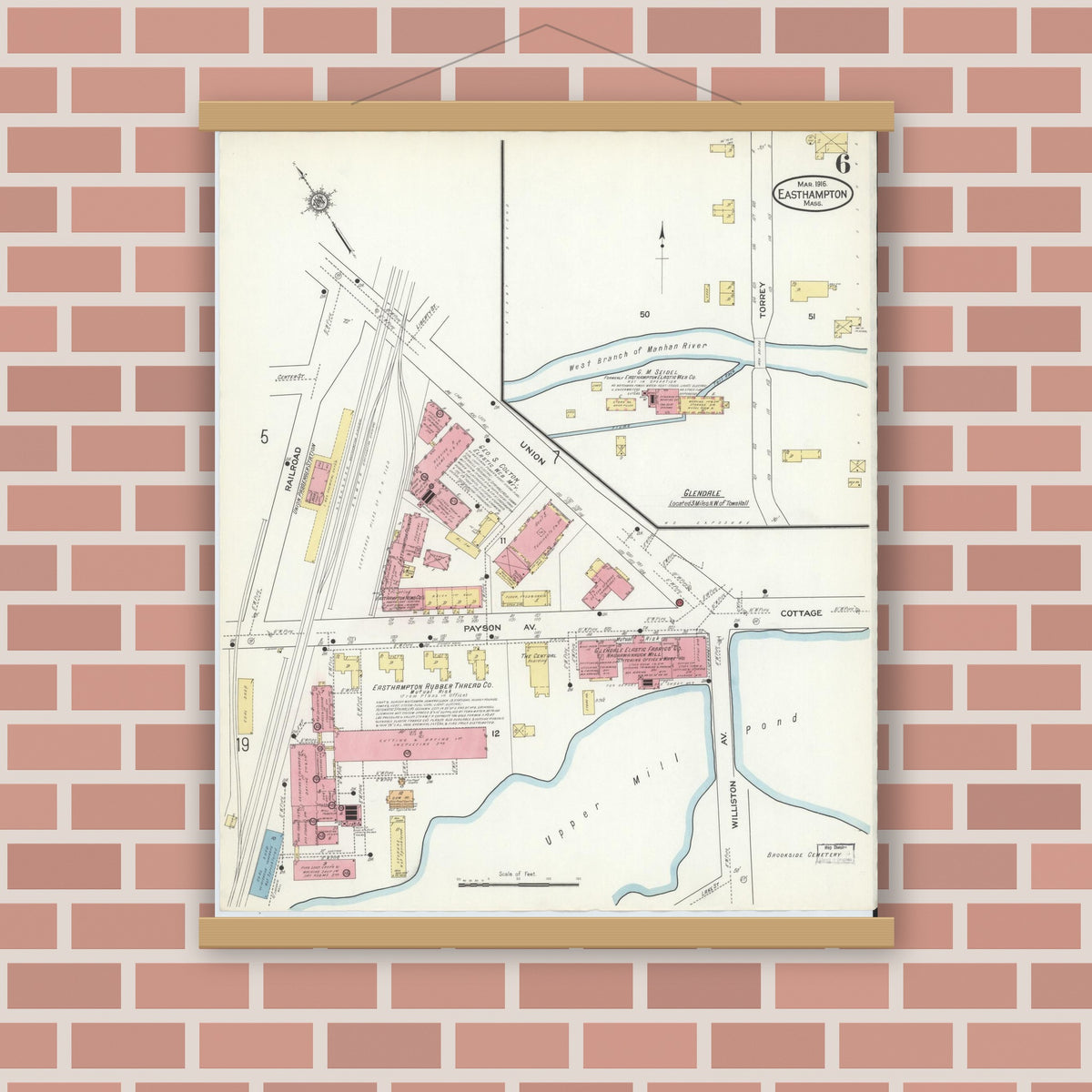 Old map wall art mockup — magnetic wood frame on brick wall — Sanborn Fire Insurance Map from East Hampton, Hampshire County, Massachusetts (1916), Sheet #0006