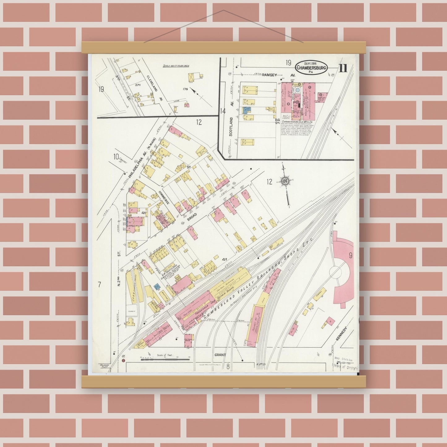 Old map wall art mockup — magnetic wood frame on brick wall — Sanborn Fire Insurance Map from Chambersburg, Franklin County, Pennsylvania (1916), Sheet #0011
