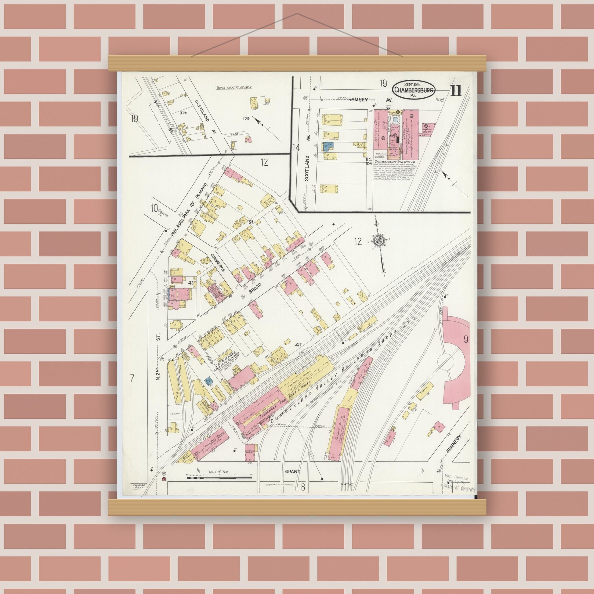 Old map wall art mockup — magnetic wood frame on brick wall — Sanborn Fire Insurance Map from Chambersburg, Franklin County, Pennsylvania (1916), Sheet #0011