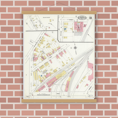 Old map wall art mockup — magnetic wood frame on brick wall — Sanborn Fire Insurance Map from Chambersburg, Franklin County, Pennsylvania (1916), Sheet #0011