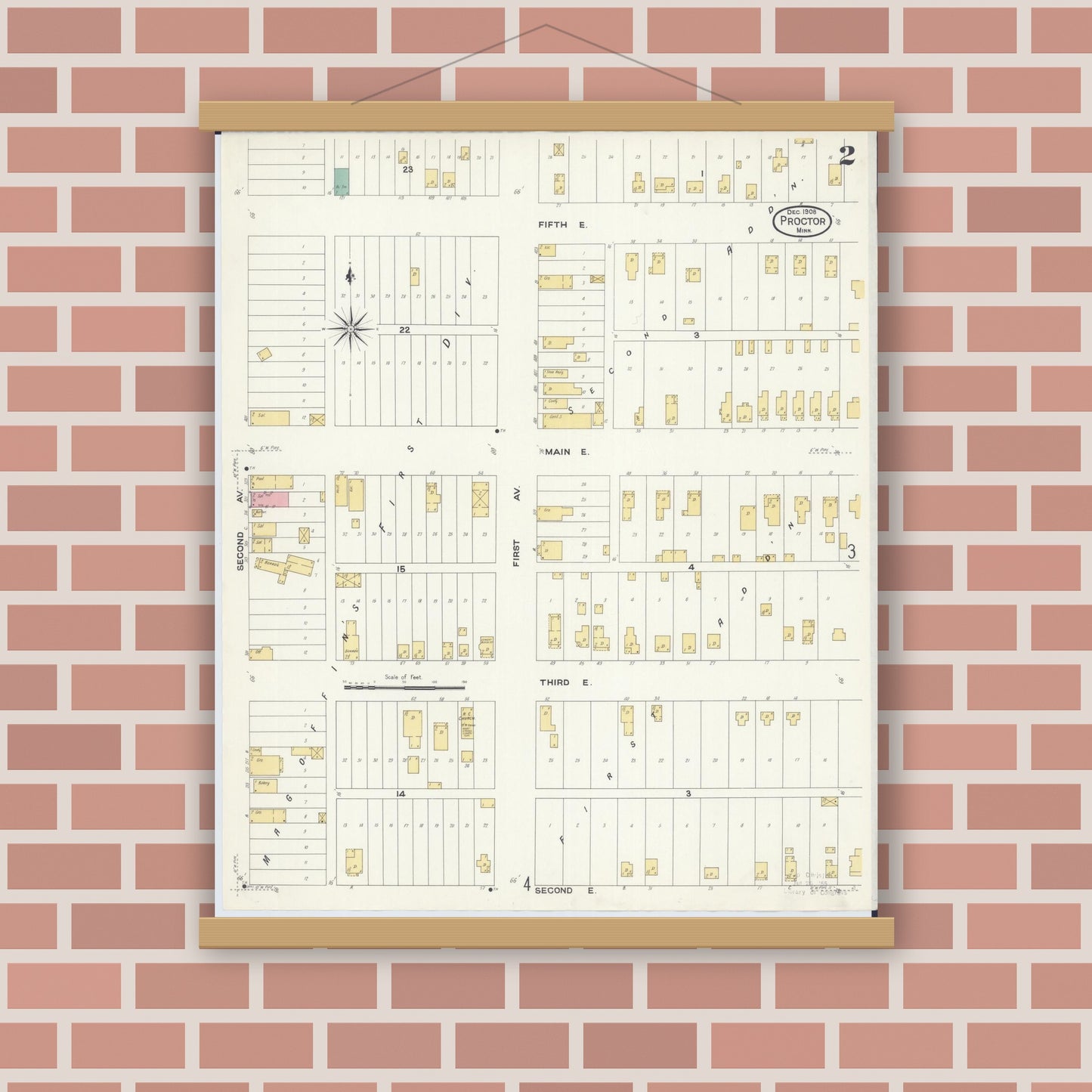 Old map wall art mockup — magnetic wood frame on brick wall — Sanborn Fire Insurance Map from Proctor, Saint Louis County, Minnesota (1908), Sheet #0002