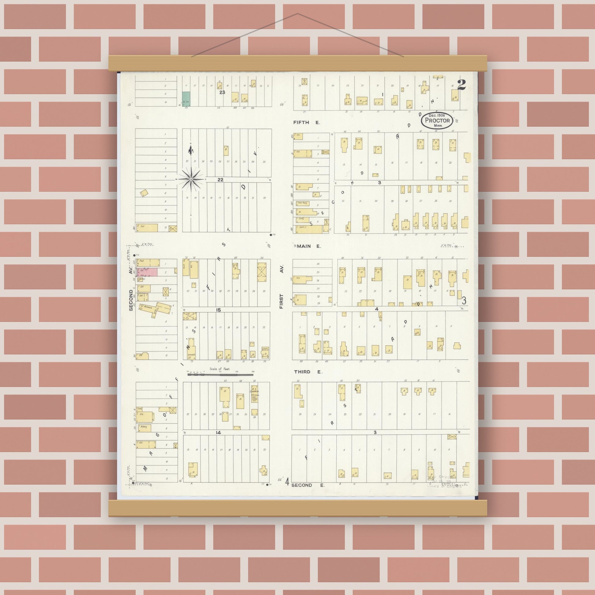 Old map wall art mockup — magnetic wood frame on brick wall — Sanborn Fire Insurance Map from Proctor, Saint Louis County, Minnesota (1908), Sheet #0002