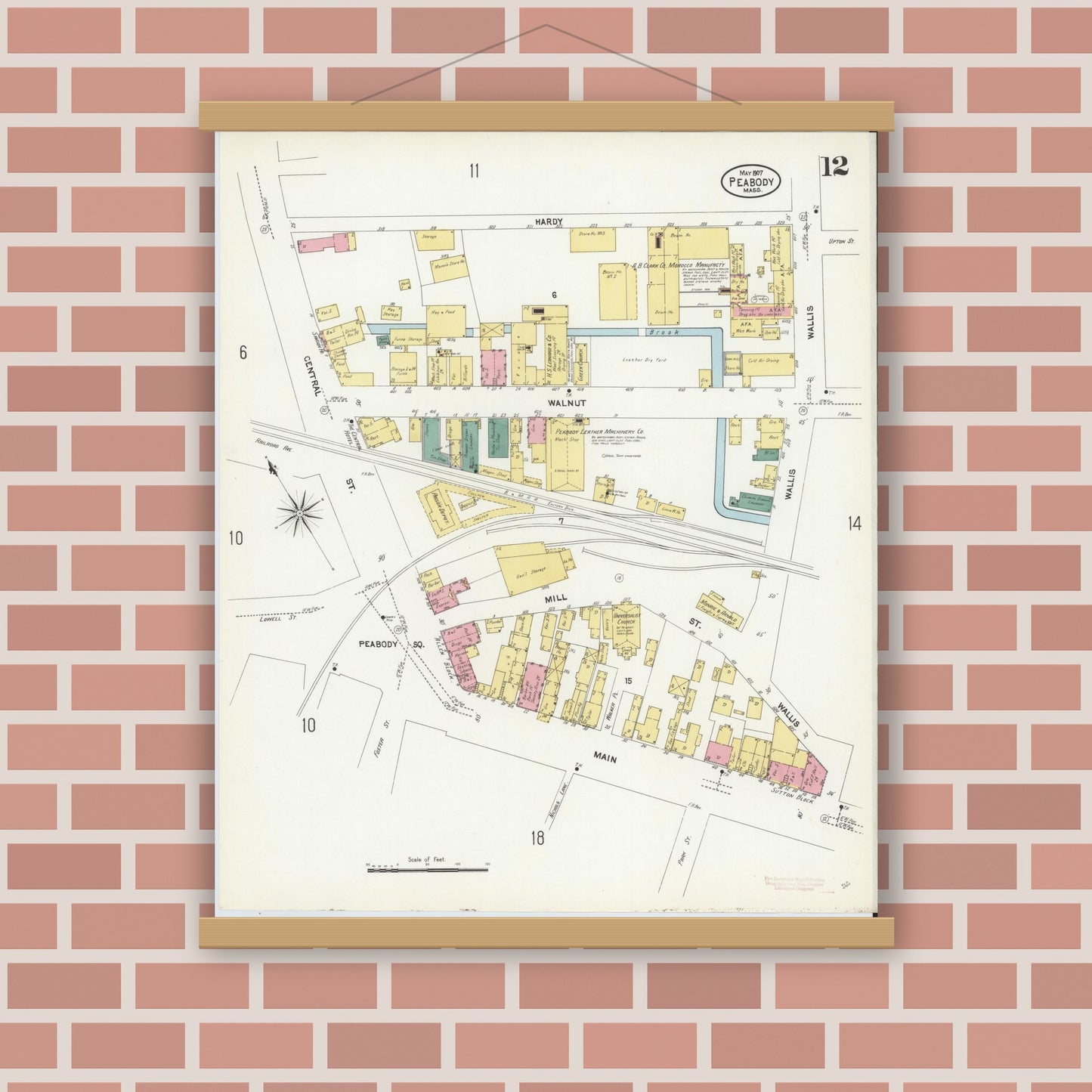 Old map wall art mockup — magnetic wood frame on brick wall — Sanborn Fire Insurance Map from Peabody, Essex County, Massachusetts (1907), Sheet #0012