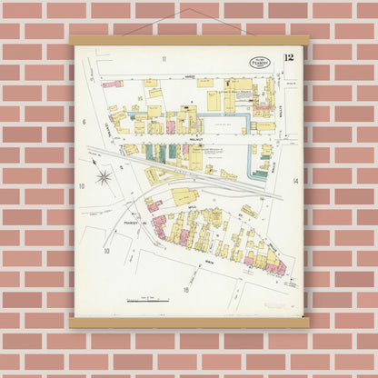Old map wall art mockup — magnetic wood frame on brick wall — Sanborn Fire Insurance Map from Peabody, Essex County, Massachusetts (1907), Sheet #0012