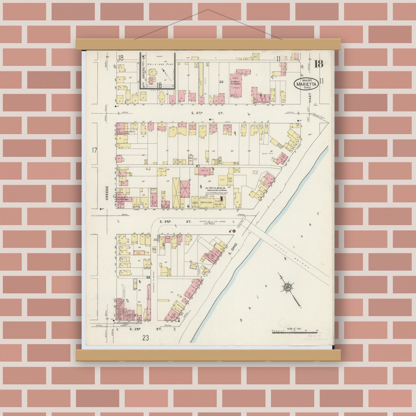 Old map wall art mockup — magnetic wood frame on brick wall — Sanborn Fire Insurance Map from Marietta, Washington County, Ohio (1915), Sheet #0018