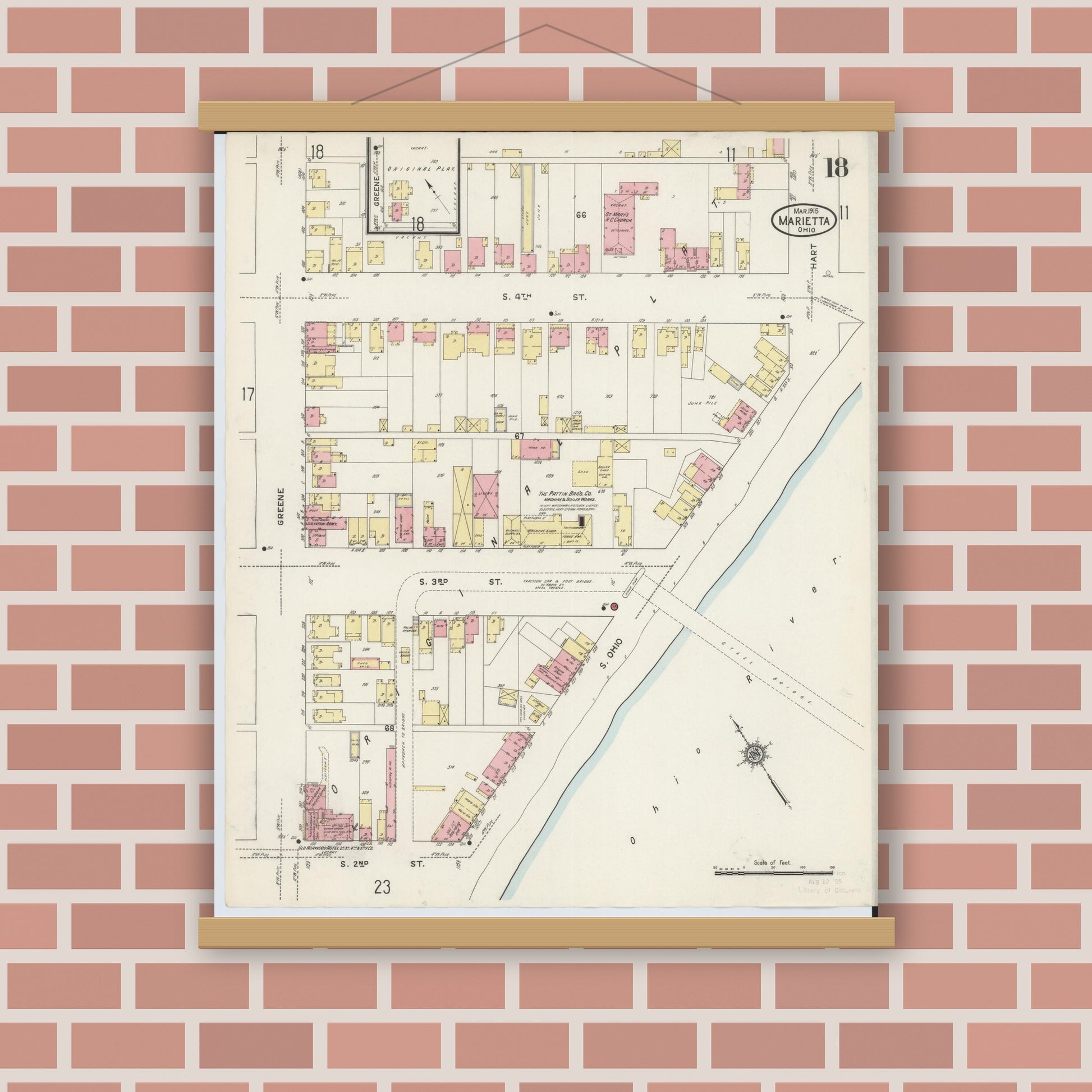 Old map wall art mockup — magnetic wood frame on brick wall — Sanborn Fire Insurance Map from Marietta, Washington County, Ohio (1915), Sheet #0018