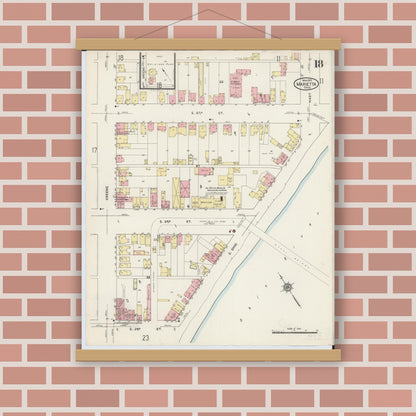 Old map wall art mockup — magnetic wood frame on brick wall — Sanborn Fire Insurance Map from Marietta, Washington County, Ohio (1915), Sheet #0018