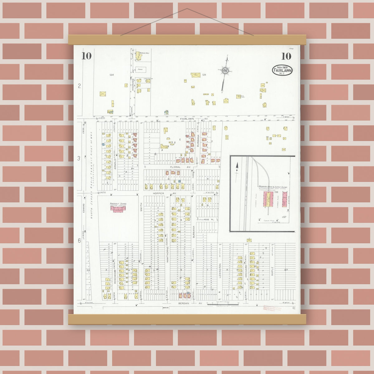 Old map wall art mockup — magnetic wood frame on brick wall — Sanborn Fire Insurance Map from Fair Lawn, Bergen County, New Jersey (1929), Sheet #0010