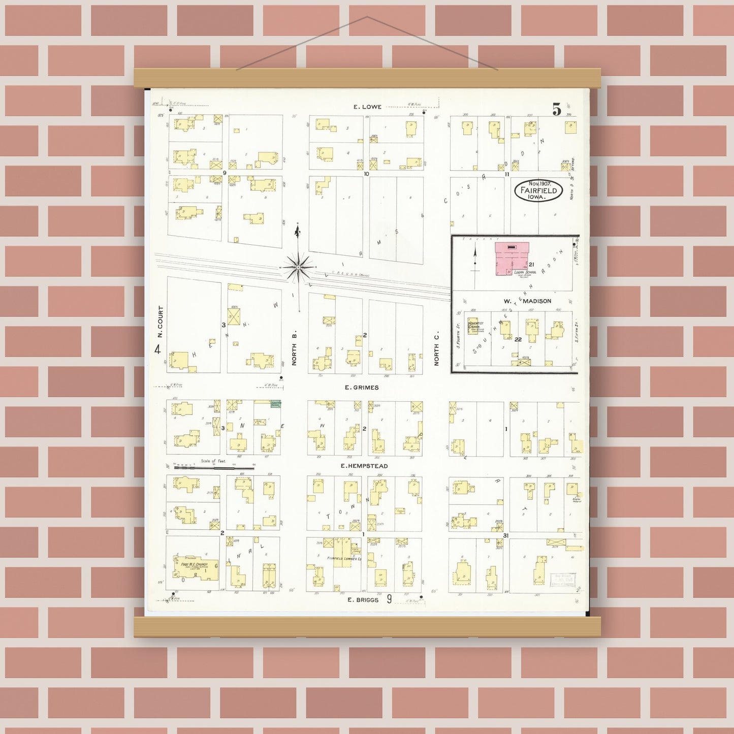 Old map wall art mockup — magnetic wood frame on brick wall — Sanborn Fire Insurance Map from Fairfield, Jefferson County, Iowa (1907), Sheet #0005