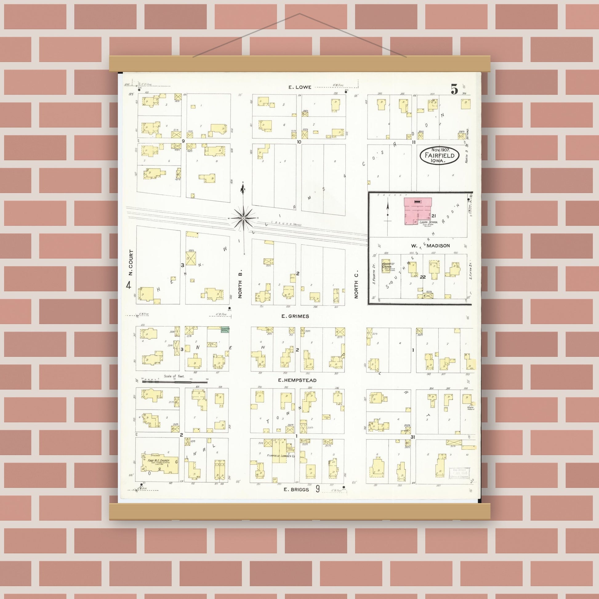 Old map wall art mockup — magnetic wood frame on brick wall — Sanborn Fire Insurance Map from Fairfield, Jefferson County, Iowa (1907), Sheet #0005