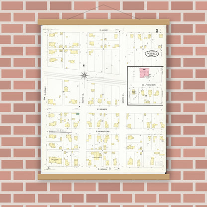 Old map wall art mockup — magnetic wood frame on brick wall — Sanborn Fire Insurance Map from Fairfield, Jefferson County, Iowa (1907), Sheet #0005