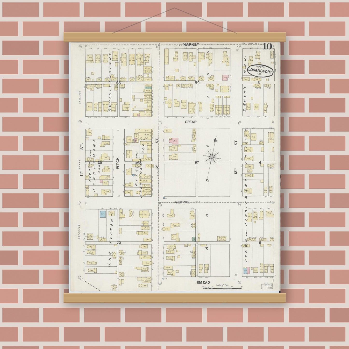 Old map wall art mockup — magnetic wood frame on brick wall — Sanborn Fire Insurance Map from Logansport, Cass County, Indiana (1890), Sheet #0010