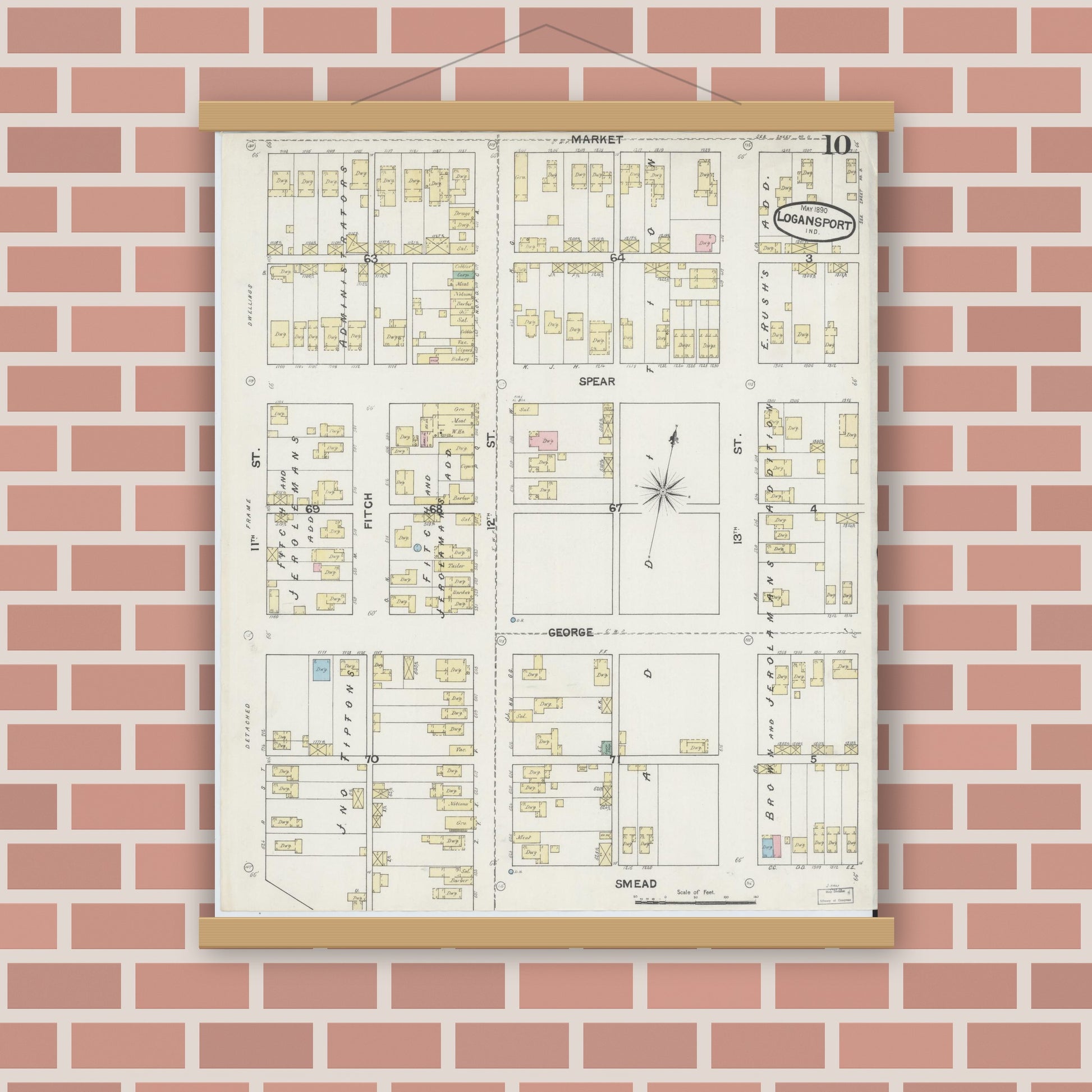 Old map wall art mockup — magnetic wood frame on brick wall — Sanborn Fire Insurance Map from Logansport, Cass County, Indiana (1890), Sheet #0010