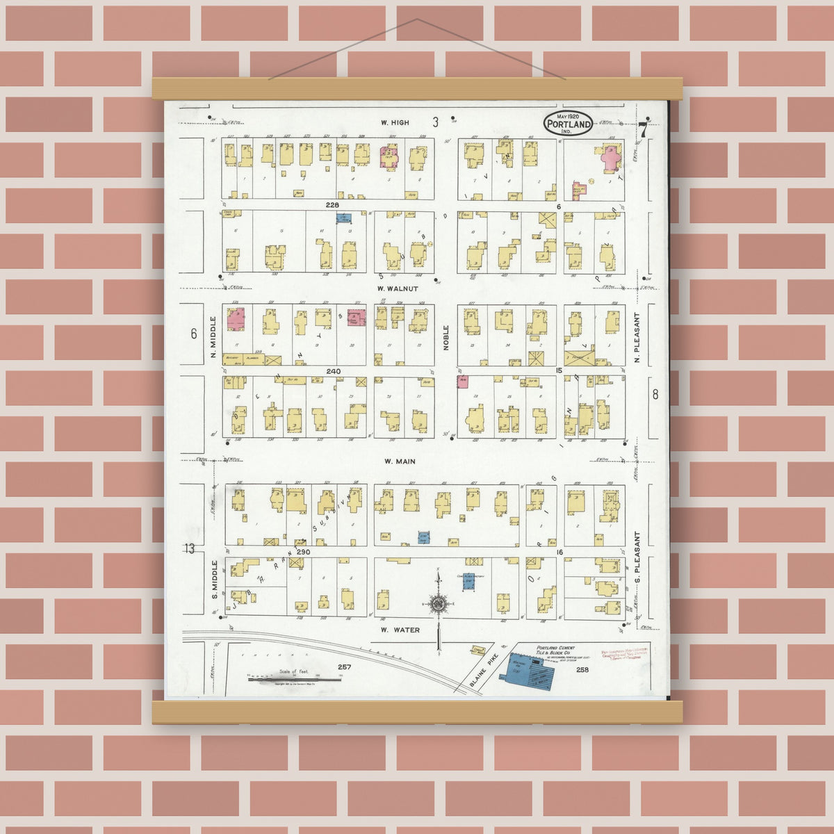 Old map wall art mockup — magnetic wood frame on brick wall — Sanborn Fire Insurance Map from Portland, Jay County, Indiana (1920), Sheet #0007