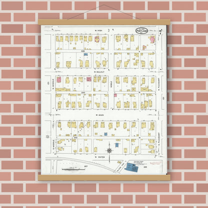 Old map wall art mockup — magnetic wood frame on brick wall — Sanborn Fire Insurance Map from Portland, Jay County, Indiana (1920), Sheet #0007