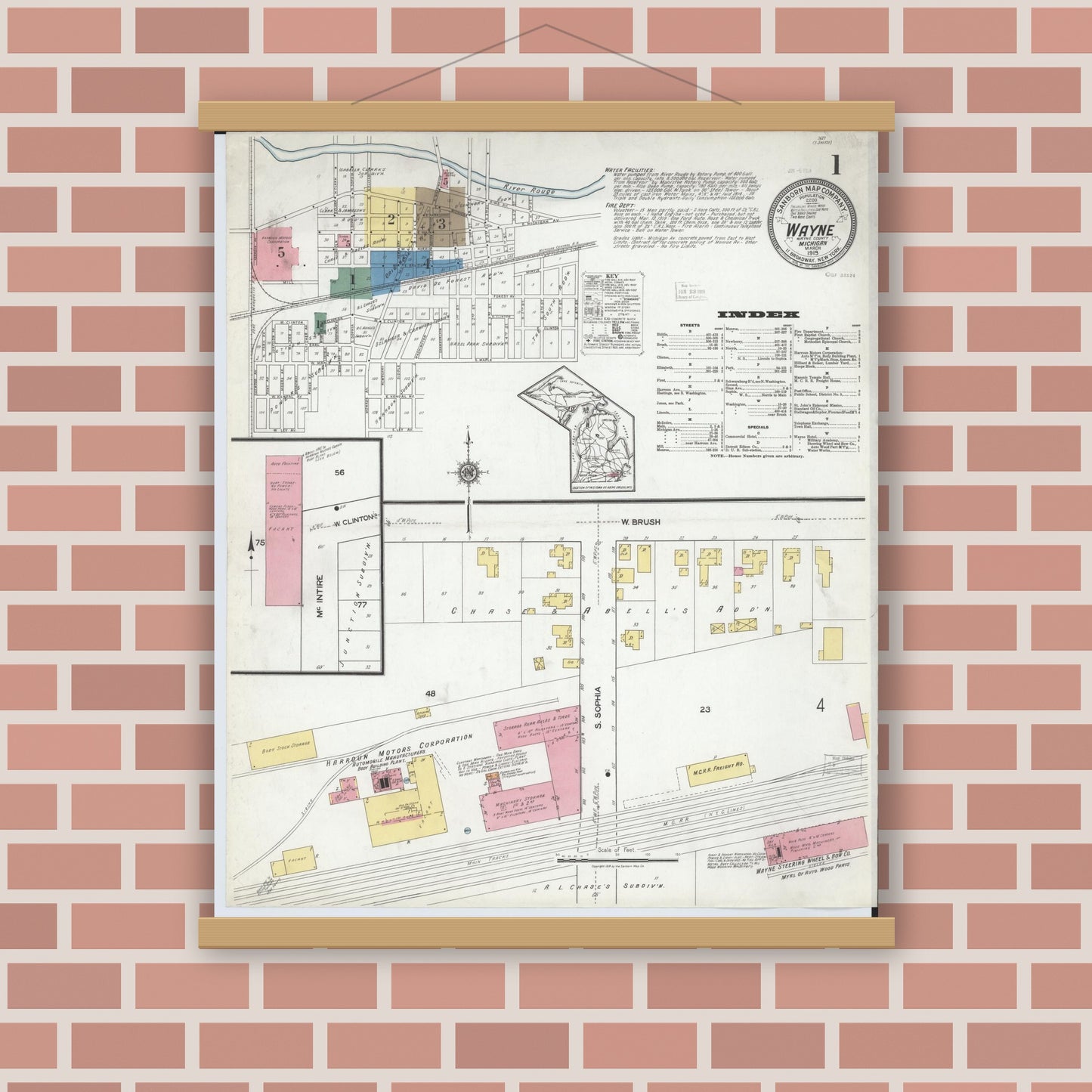 Old map wall art mockup — magnetic wood frame on brick wall — Sanborn Fire Insurance Map from Wayne, Wayne County, Michigan (1919) - Complete Map Set