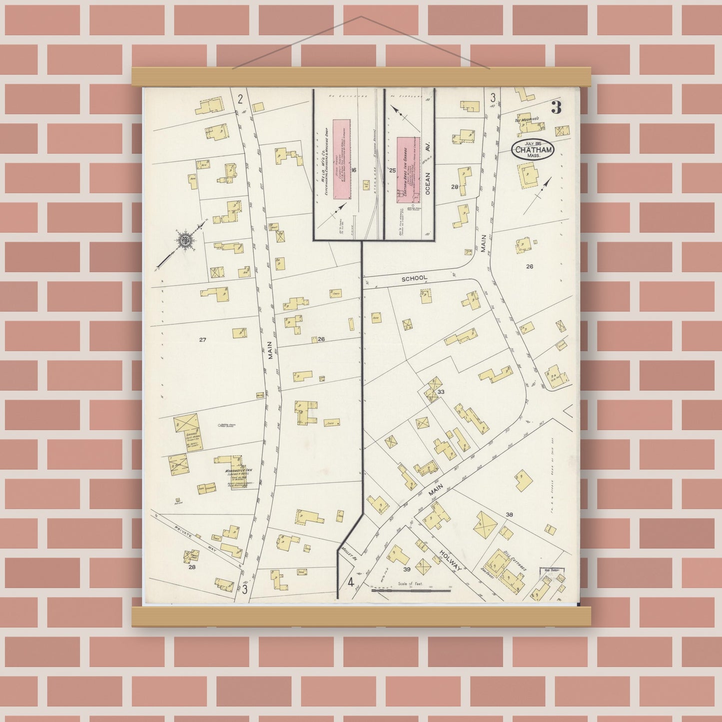 Old map wall art mockup — magnetic wood frame on brick wall — Sanborn Fire Insurance Map from Chatham, Barnstable County, Massachusetts (1915), Sheet #0003