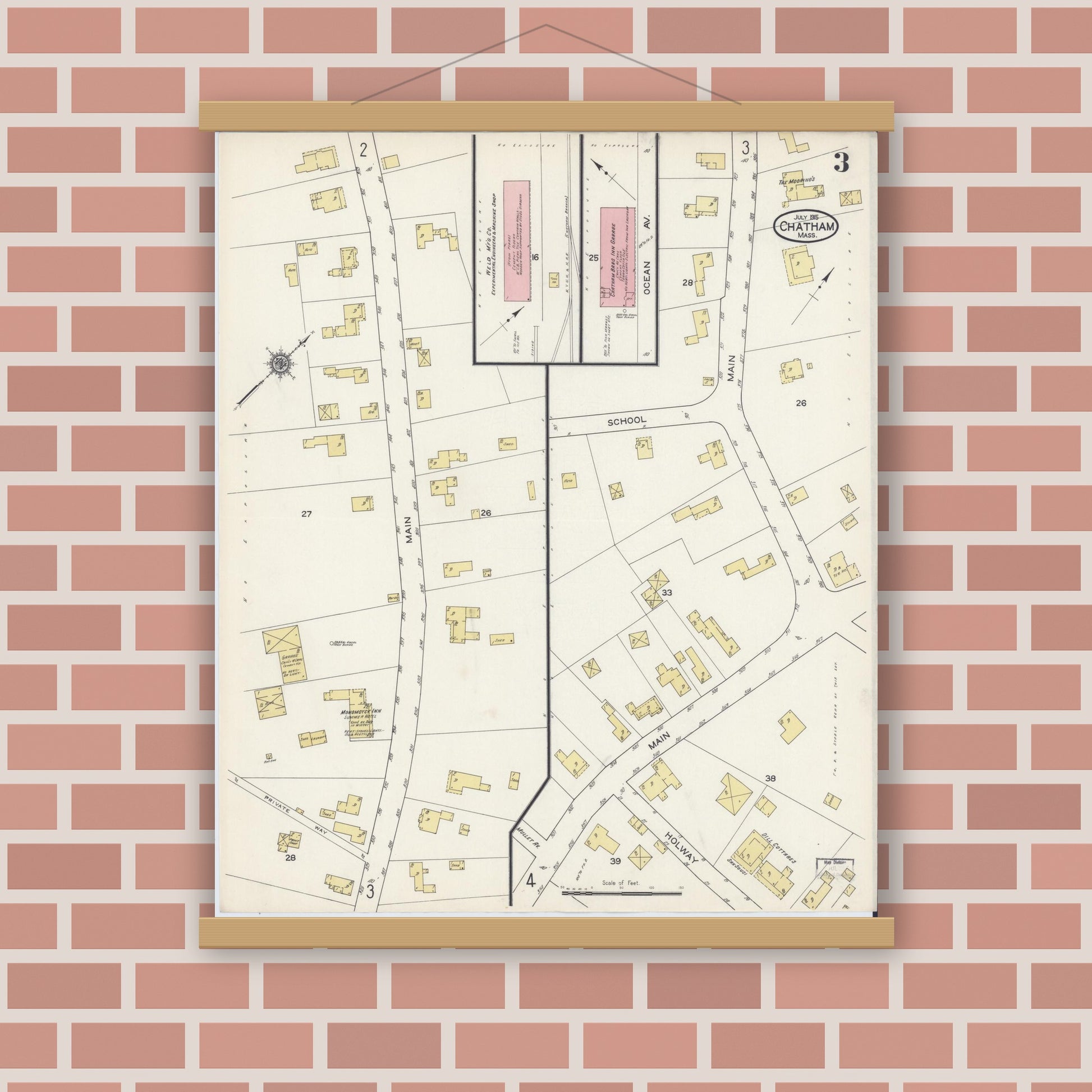 Old map wall art mockup — magnetic wood frame on brick wall — Sanborn Fire Insurance Map from Chatham, Barnstable County, Massachusetts (1915), Sheet #0003