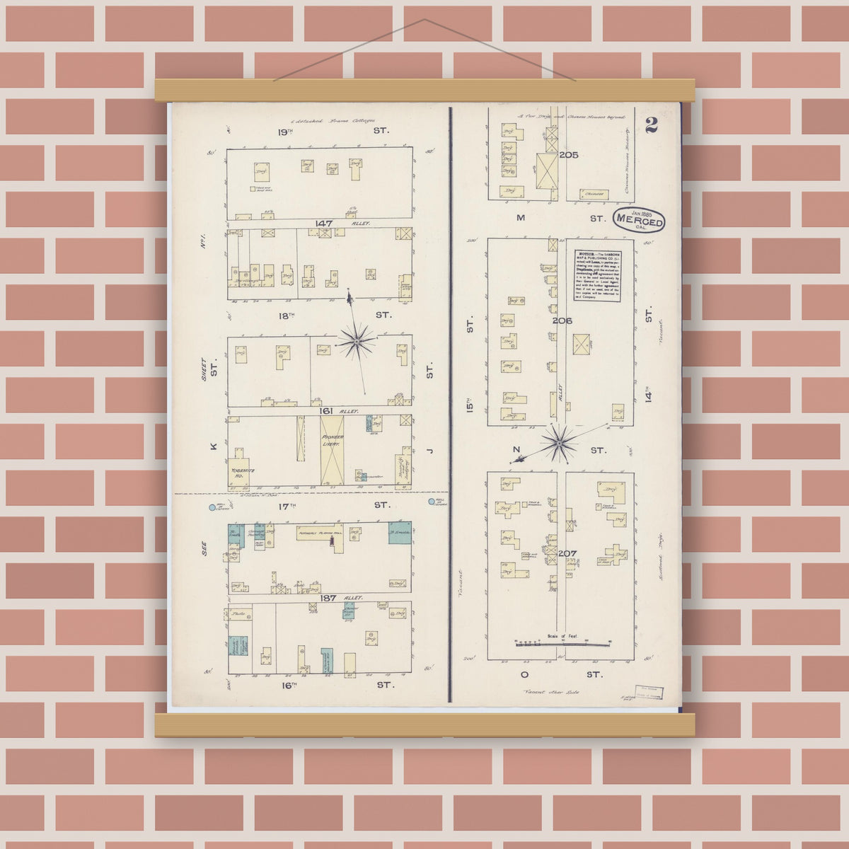 Old map wall art mockup — magnetic wood frame on brick wall — Sanborn Fire Insurance Map from Merced, Merced County, California (1885), Sheet #0002