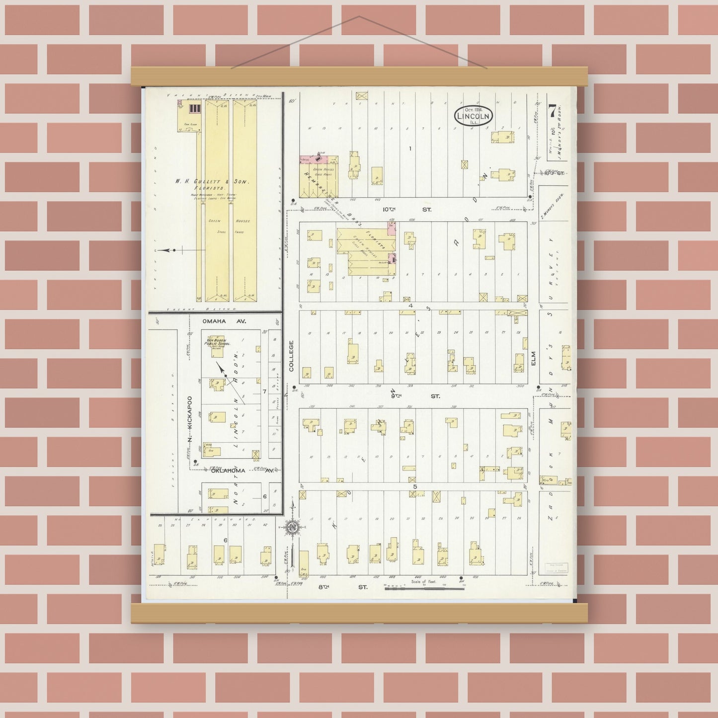 Old map wall art mockup — magnetic wood frame on brick wall — Sanborn Fire Insurance Map from Lincoln, Logan County, Illinois (1914), Sheet #0007