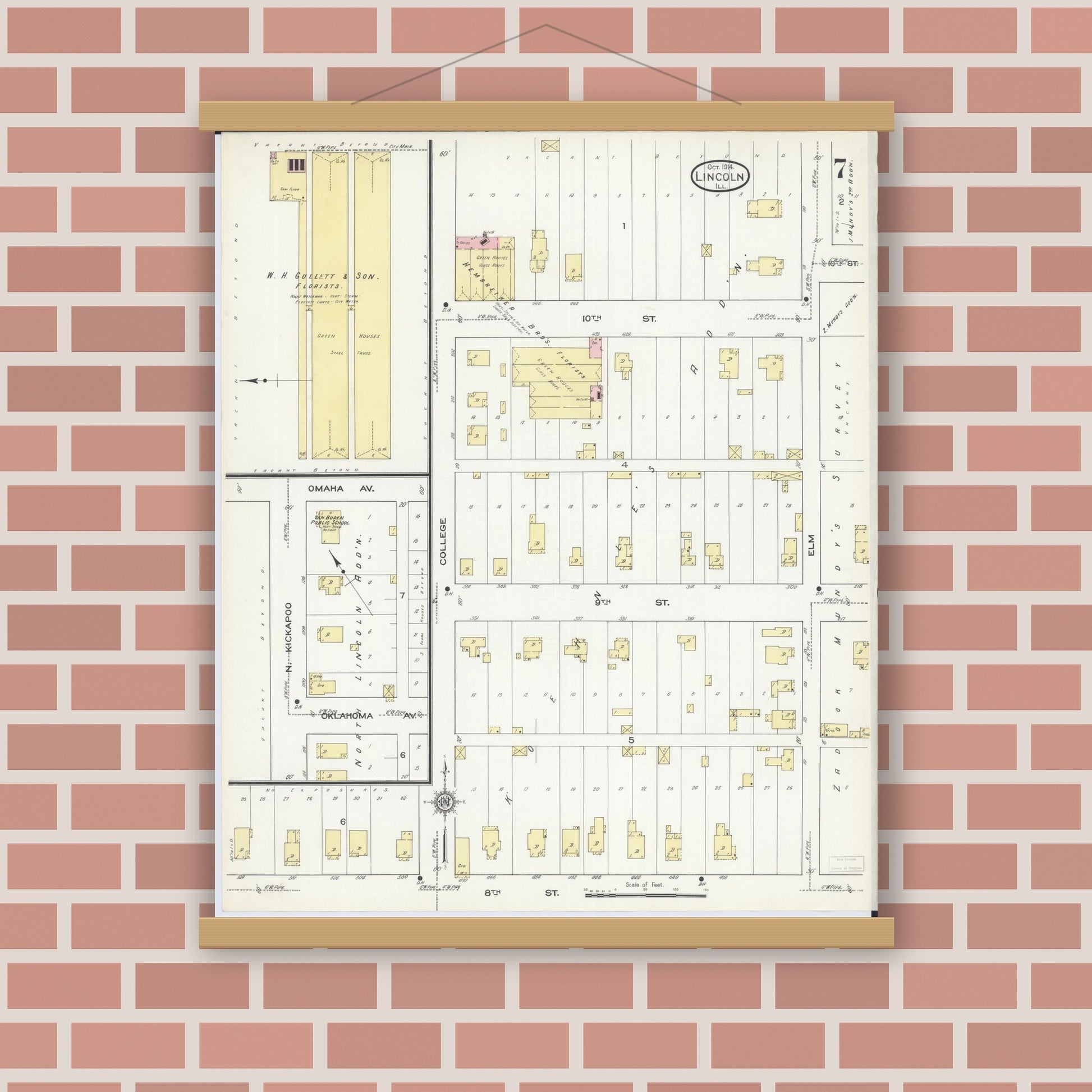 Old map wall art mockup — magnetic wood frame on brick wall — Sanborn Fire Insurance Map from Lincoln, Logan County, Illinois (1914), Sheet #0007