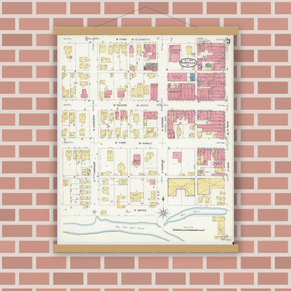 Old map wall art mockup — magnetic wood frame on brick wall — Sanborn Fire Insurance Map from Rushville, Rush County, Indiana (1908), Sheet #0003