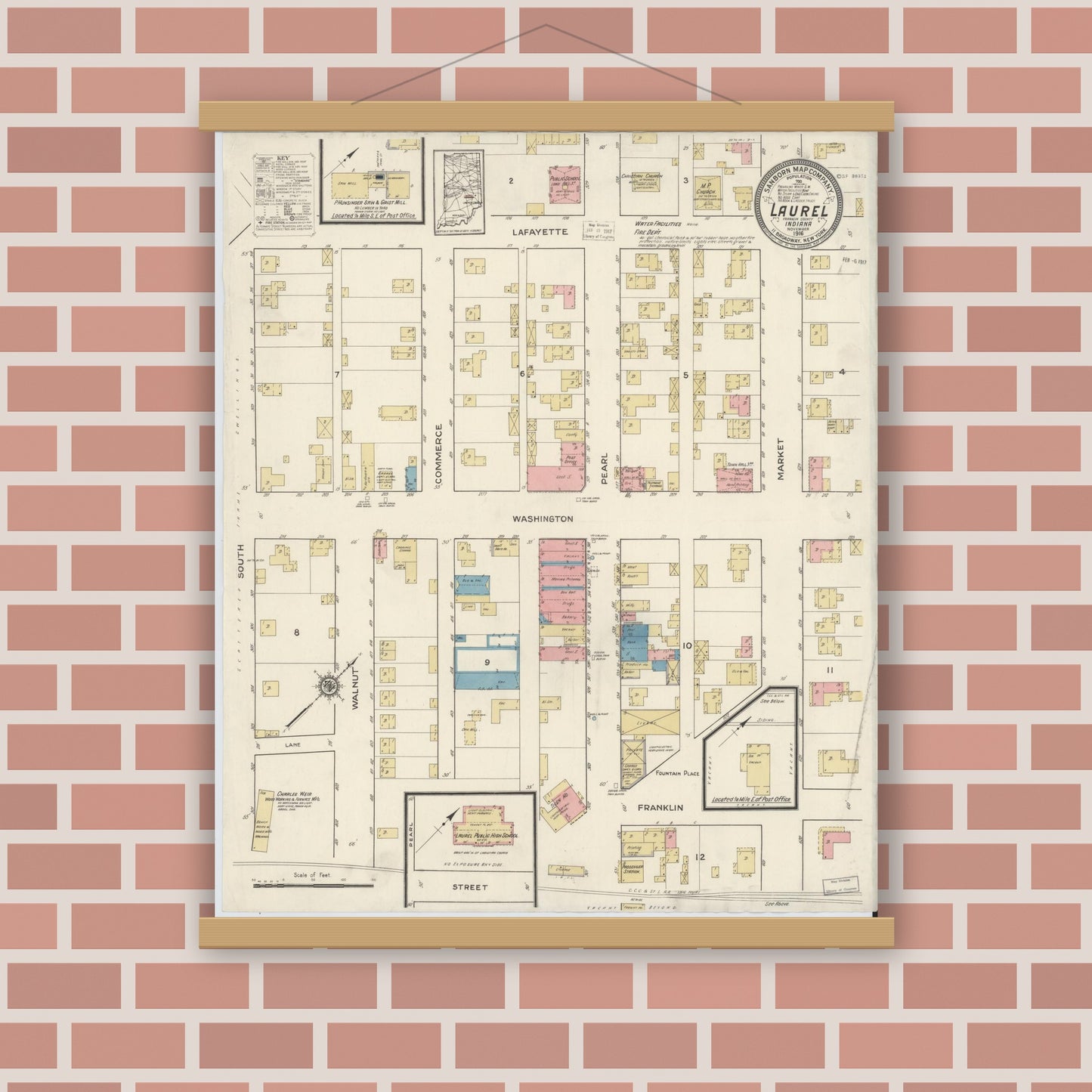 Old map wall art mockup — magnetic wood frame on brick wall — Sanborn Fire Insurance Map from Laurel, Franklin County, Indiana (1916), Sheet #0001