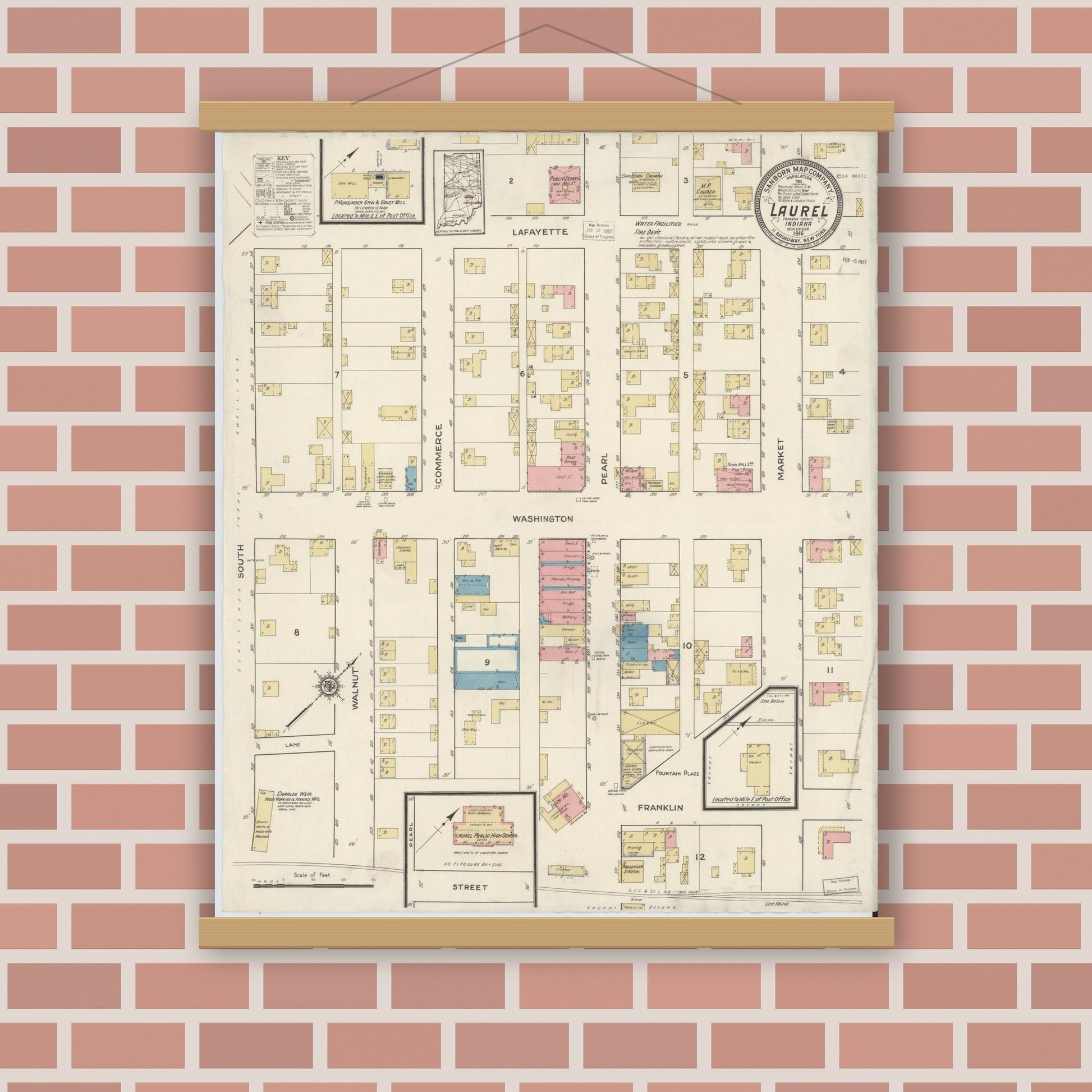 Old map wall art mockup — magnetic wood frame on brick wall — Sanborn Fire Insurance Map from Laurel, Franklin County, Indiana (1916), Sheet #0001
