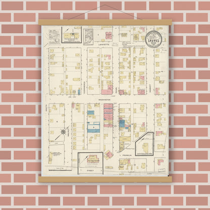 Old map wall art mockup — magnetic wood frame on brick wall — Sanborn Fire Insurance Map from Laurel, Franklin County, Indiana (1916), Sheet #0001