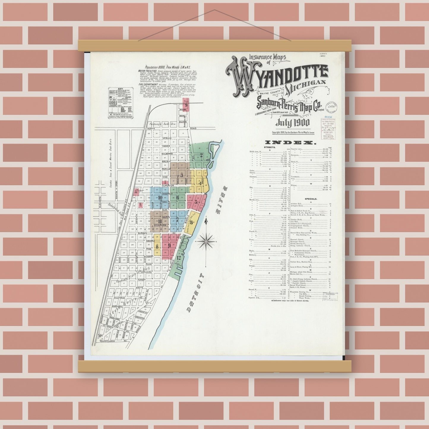Old map wall art mockup — magnetic wood frame on brick wall — Sanborn Fire Insurance Map from Wyandotte, Wayne County, Michigan (1900) - Complete Map Set