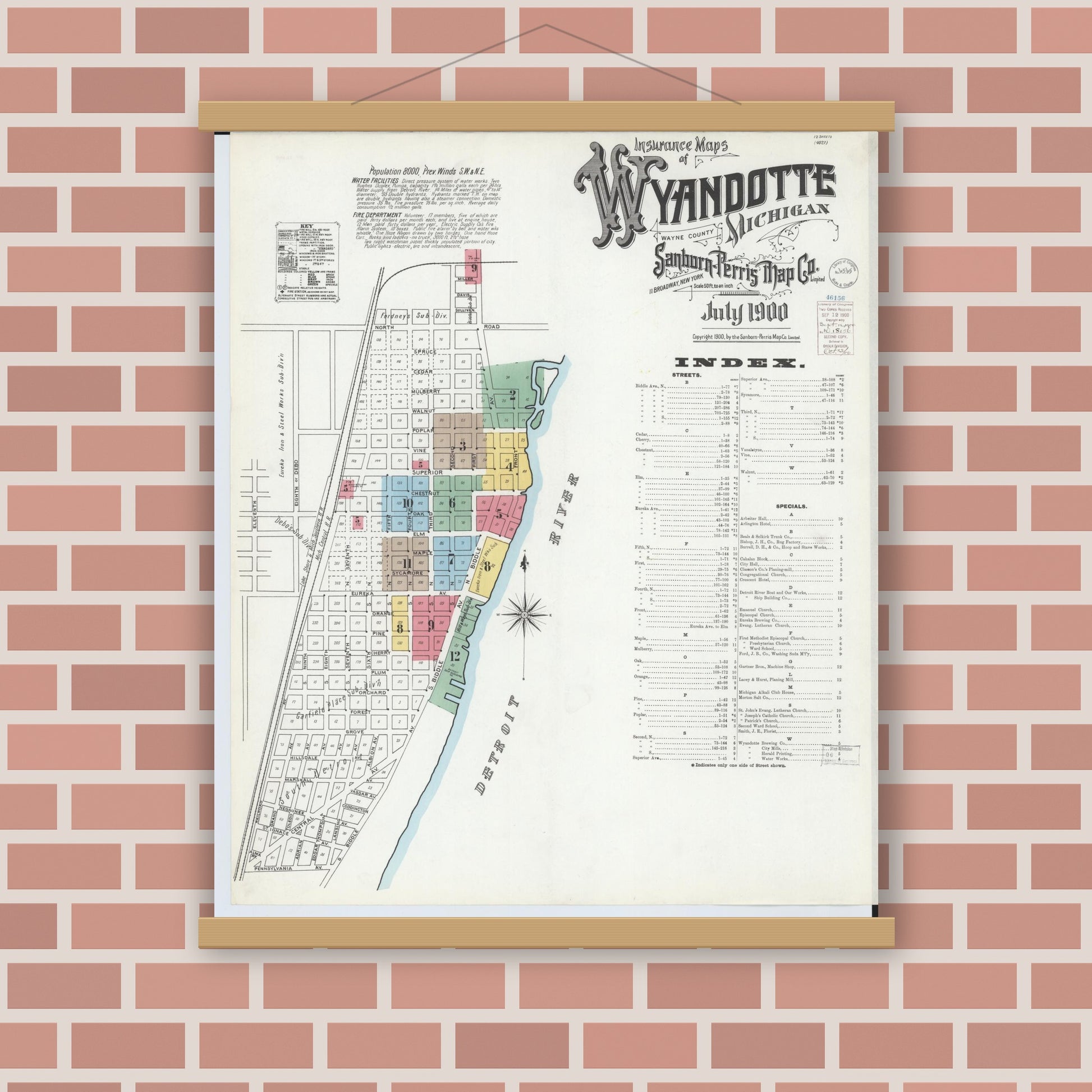 Old map wall art mockup — magnetic wood frame on brick wall — Sanborn Fire Insurance Map from Wyandotte, Wayne County, Michigan (1900) - Complete Map Set