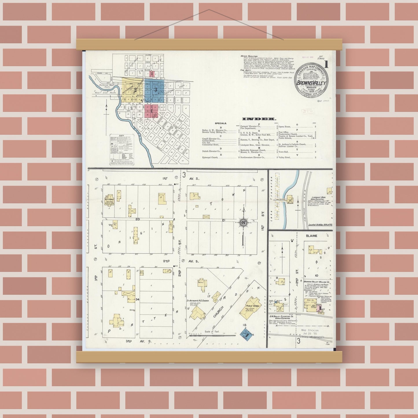 Old map wall art mockup — magnetic wood frame on brick wall — Sanborn Fire Insurance Map from Browns Valley, Traverse County, Minnesota (1909) - Complete Map Set