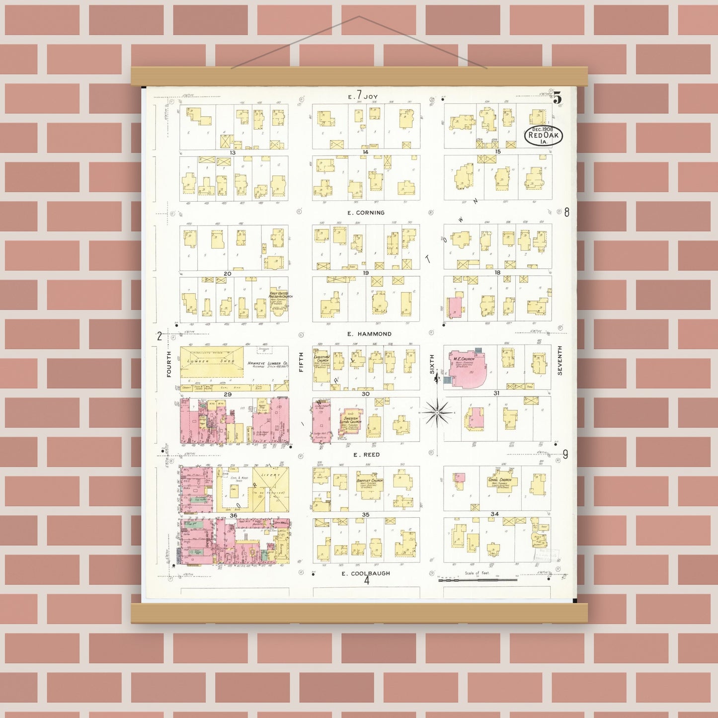 Old map wall art mockup — magnetic wood frame on brick wall — Sanborn Fire Insurance Map from Red Oak, Montgomery County, Iowa (1908), Sheet #0005