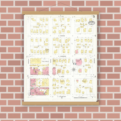 Old map wall art mockup — magnetic wood frame on brick wall — Sanborn Fire Insurance Map from Red Oak, Montgomery County, Iowa (1908), Sheet #0005