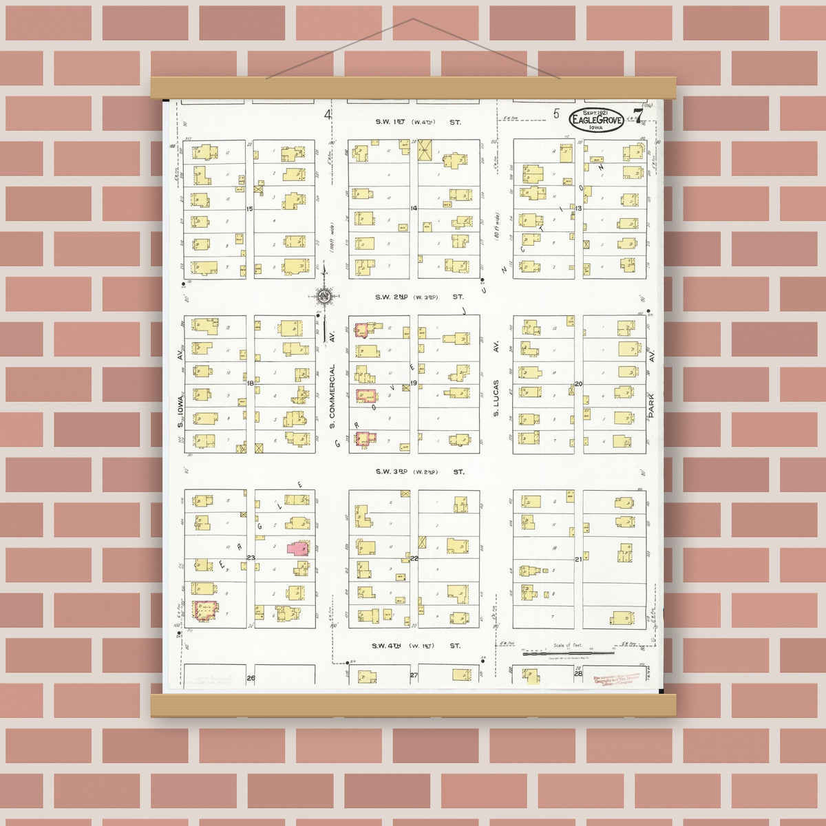 Old map wall art mockup — magnetic wood frame on brick wall — Sanborn Fire Insurance Map from Eagle Grove, Wright County, Iowa (1921), Sheet #0007