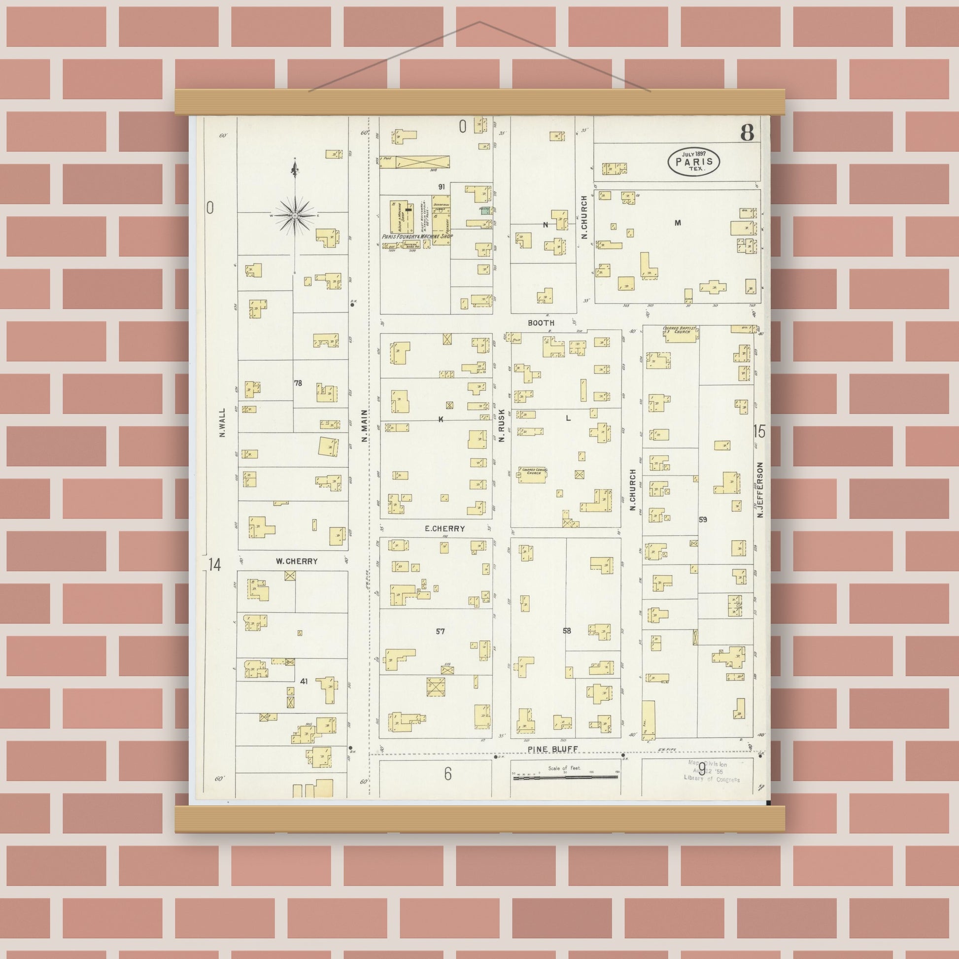 Old map wall art mockup — magnetic wood frame on brick wall — Sanborn Fire Insurance Map from Paris, Lamar County, Texas (1897), Sheet #0008