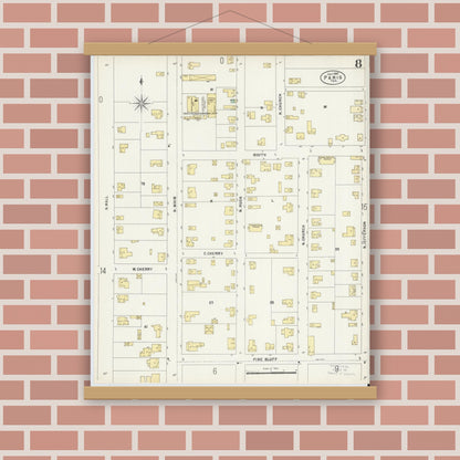 Old map wall art mockup — magnetic wood frame on brick wall — Sanborn Fire Insurance Map from Paris, Lamar County, Texas (1897), Sheet #0008