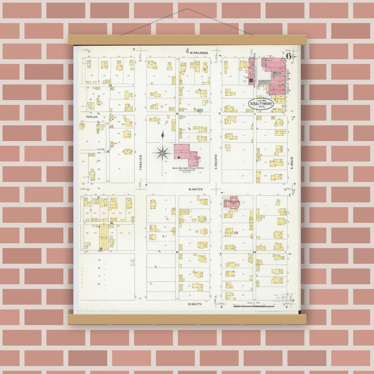 Old map wall art mockup — magnetic wood frame on brick wall — Sanborn Fire Insurance Map from North Baltimore, Wood County, Ohio (1908), Sheet #0006