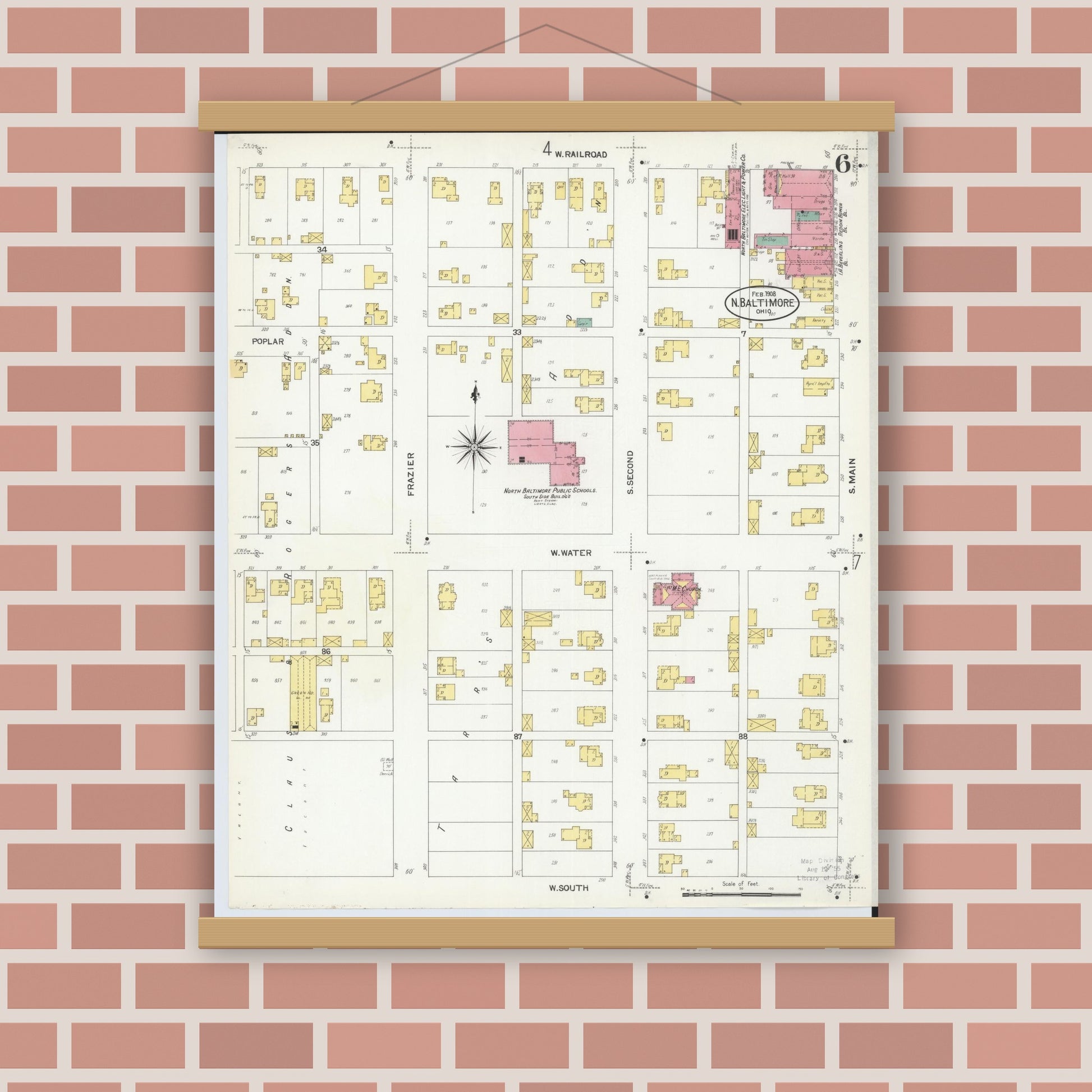 Old map wall art mockup — magnetic wood frame on brick wall — Sanborn Fire Insurance Map from North Baltimore, Wood County, Ohio (1908), Sheet #0006