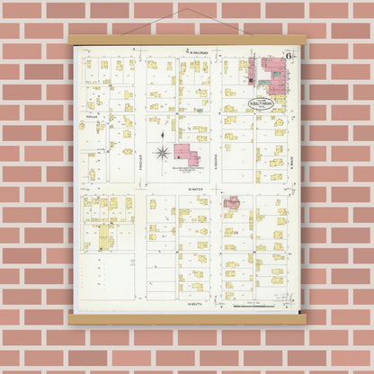 Old map wall art mockup — magnetic wood frame on brick wall — Sanborn Fire Insurance Map from North Baltimore, Wood County, Ohio (1908), Sheet #0006