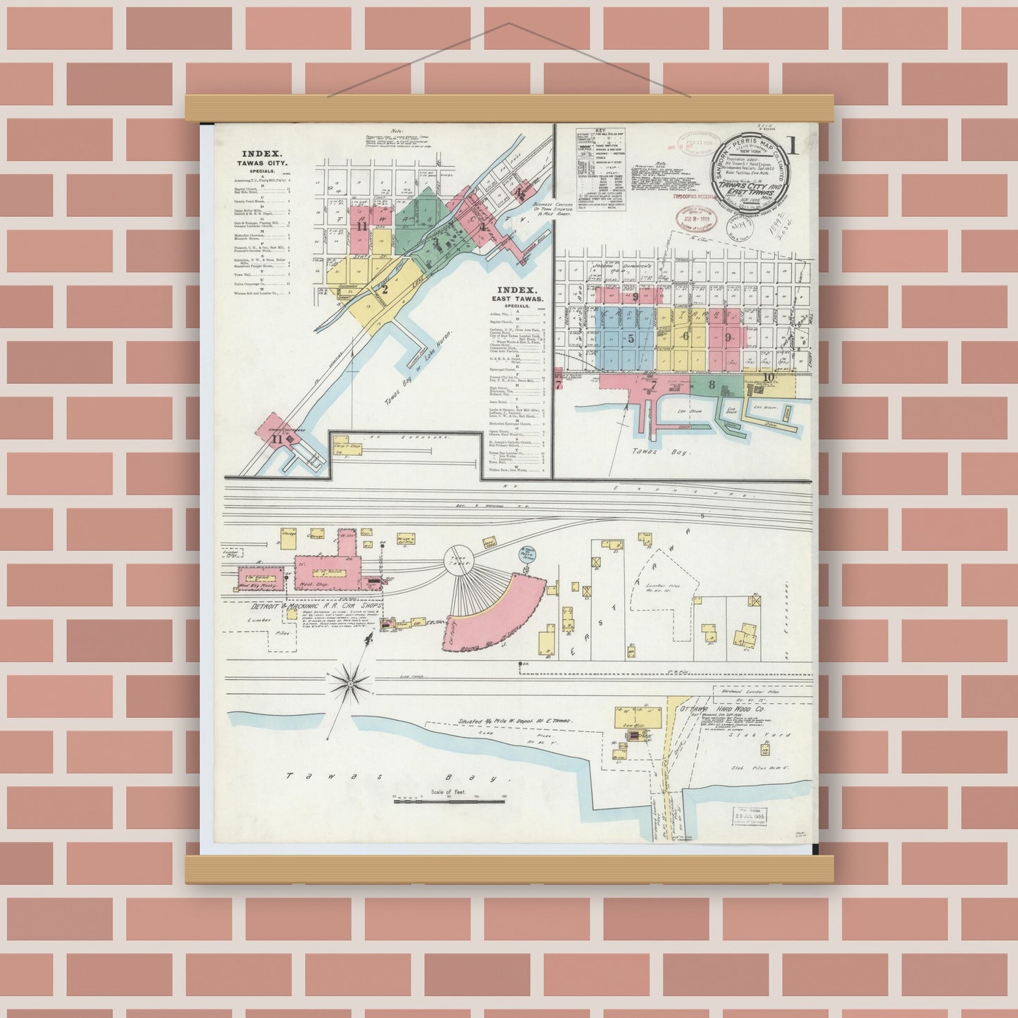 Old map wall art mockup — magnetic wood frame on brick wall — Sanborn Fire Insurance Map from East Tawas, Iosco County, Michigan (1898), Sheet #0001