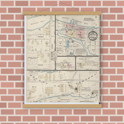 Old map wall art mockup — magnetic wood frame on brick wall — Sanborn Fire Insurance Map from Traverse City, Grand Traverse County, Michigan (1884) - Complete Map Set