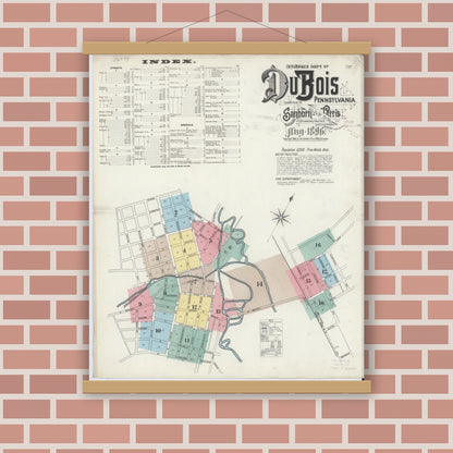 Old map wall art mockup — magnetic wood frame on brick wall — Sanborn Fire Insurance Map from Du Bois, Clearfield County, Pennsylvania (1896), Sheet #0001