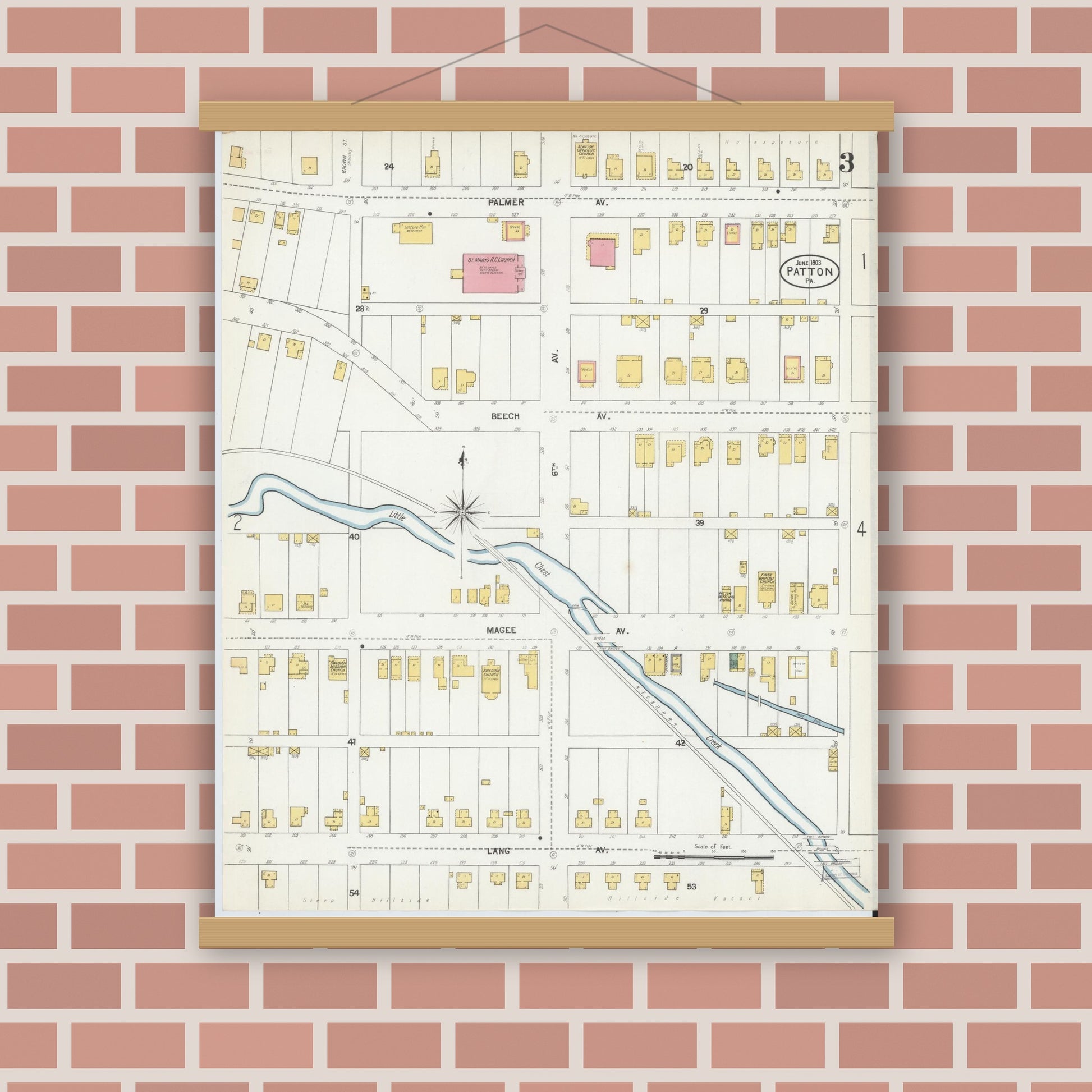 Old map wall art mockup — magnetic wood frame on brick wall — Sanborn Fire Insurance Map from Patton, Cambria County, Pennsylvania (1903), Sheet #0003