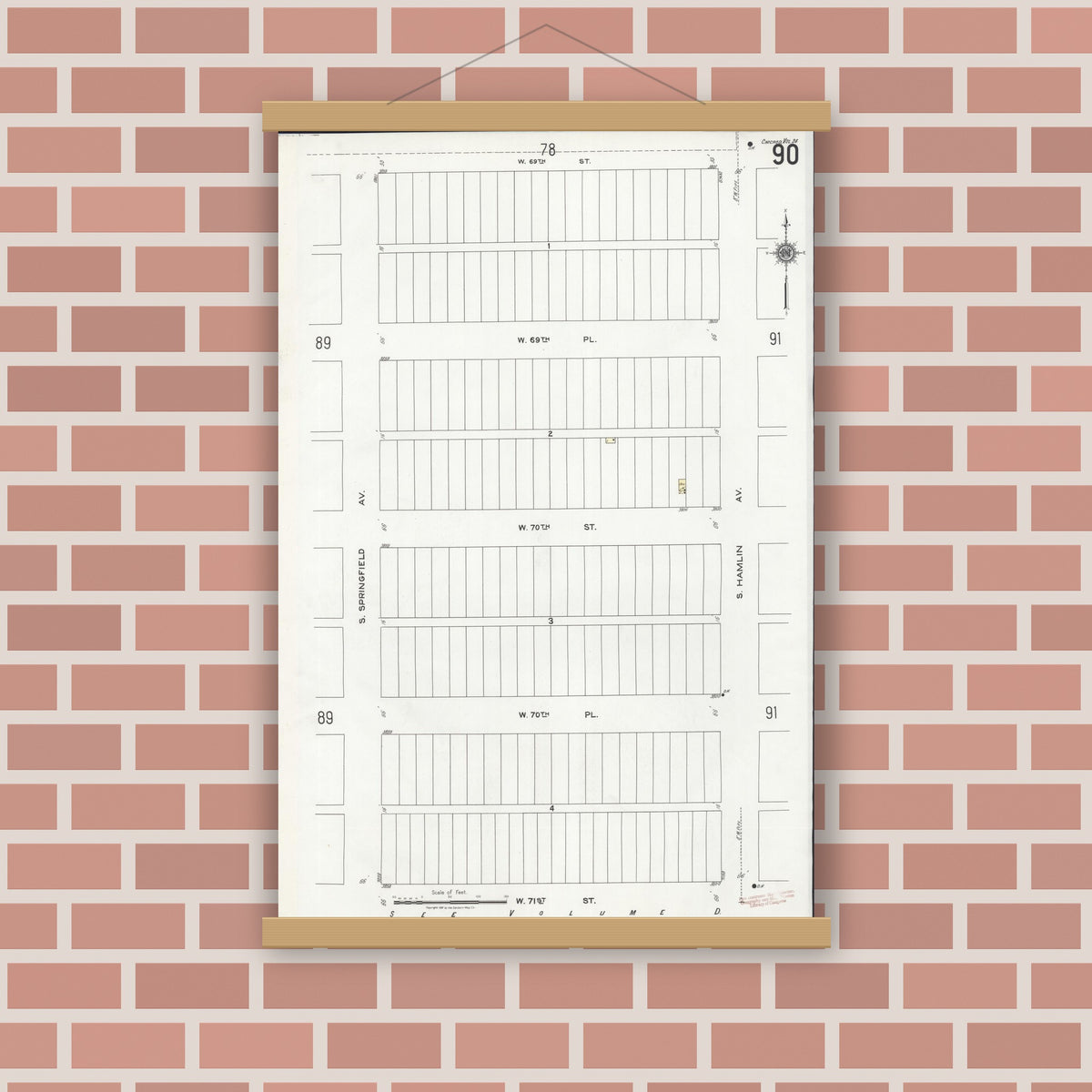 Old map wall art mockup — magnetic wood frame on brick wall — Sanborn Fire Insurance Map from Chicago, Cook County, Illinois (1920), Sheet #0090