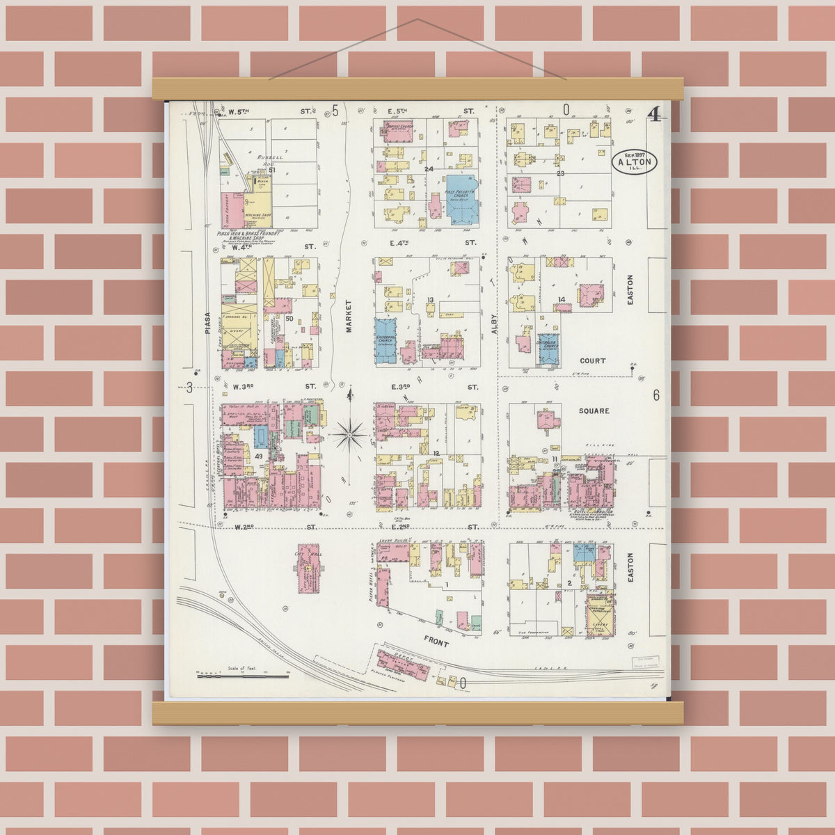 Old map wall art mockup — magnetic wood frame on brick wall — Sanborn Fire Insurance Map from Alton, Madison County, Illinois (1897), Sheet #0004