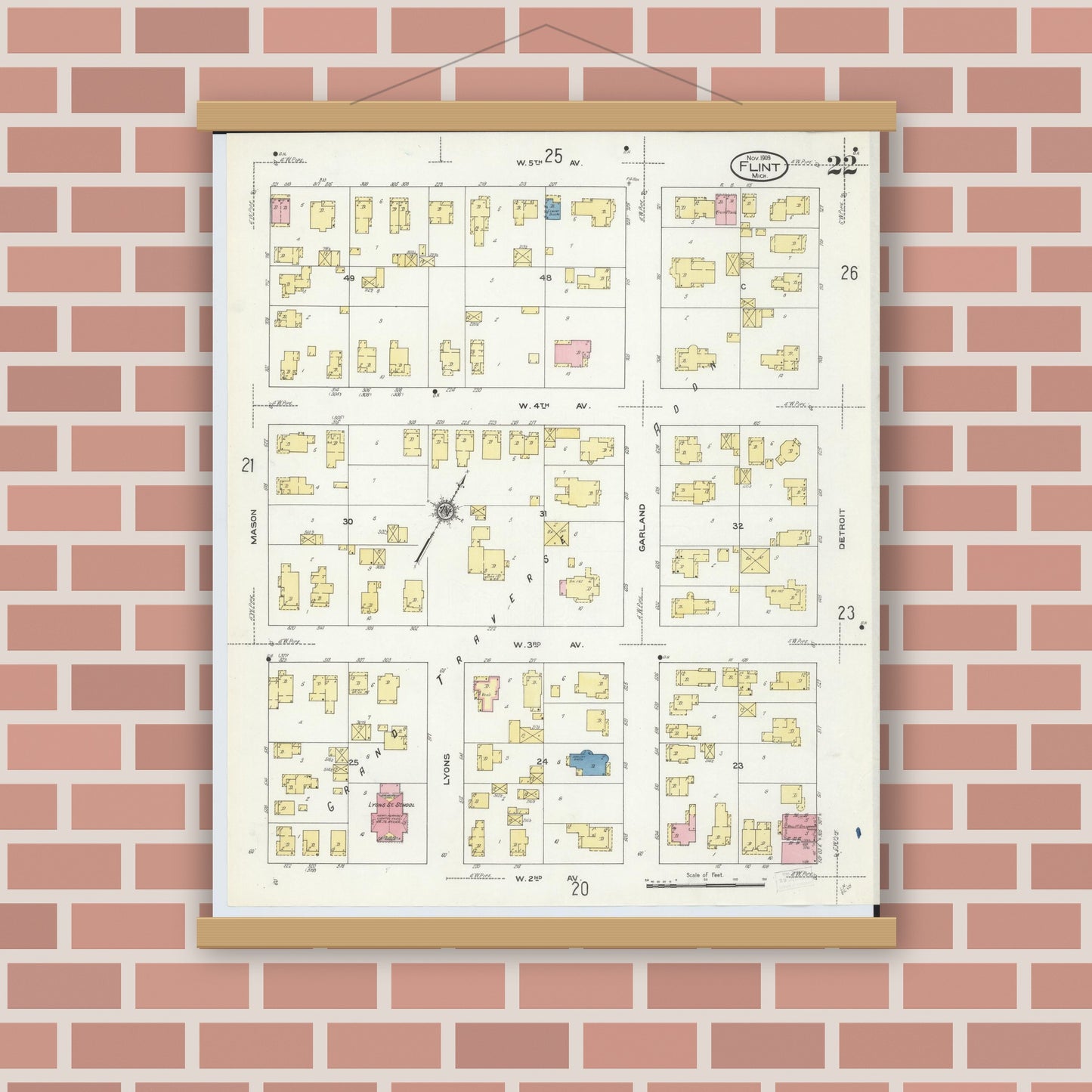 Old map wall art mockup — magnetic wood frame on brick wall — Sanborn Fire Insurance Map from Flint, Genesee County, Michigan (1909), Sheet #0022