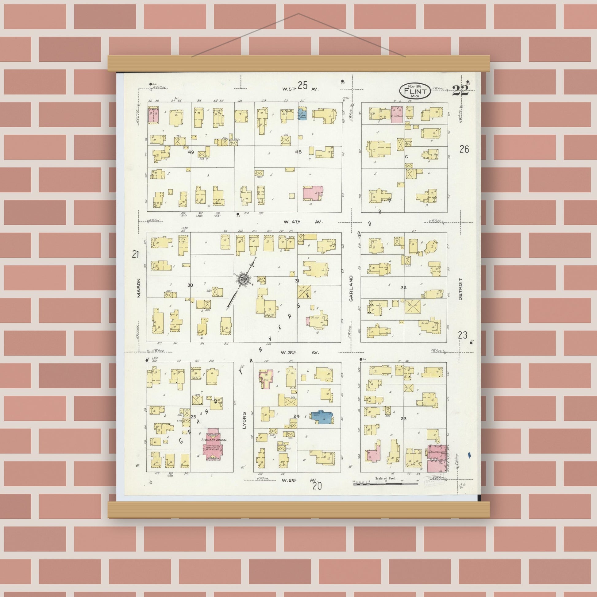 Old map wall art mockup — magnetic wood frame on brick wall — Sanborn Fire Insurance Map from Flint, Genesee County, Michigan (1909), Sheet #0022